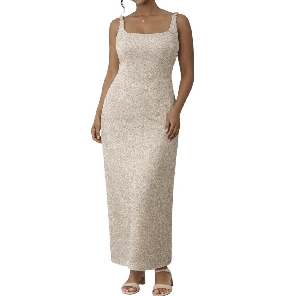 VTG Cream Gold Lace Column Evening Gown Pearl Strap Detail Formal Maxi Dress‎